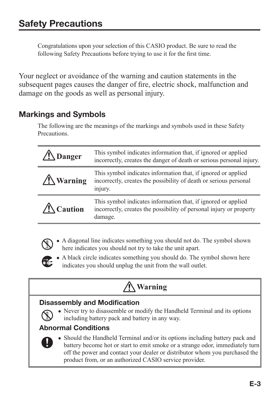 Safety precautions, Markings and symbols, Danger | Warning, Caution | Casio IT-800 User Manual | Page 4 / 73