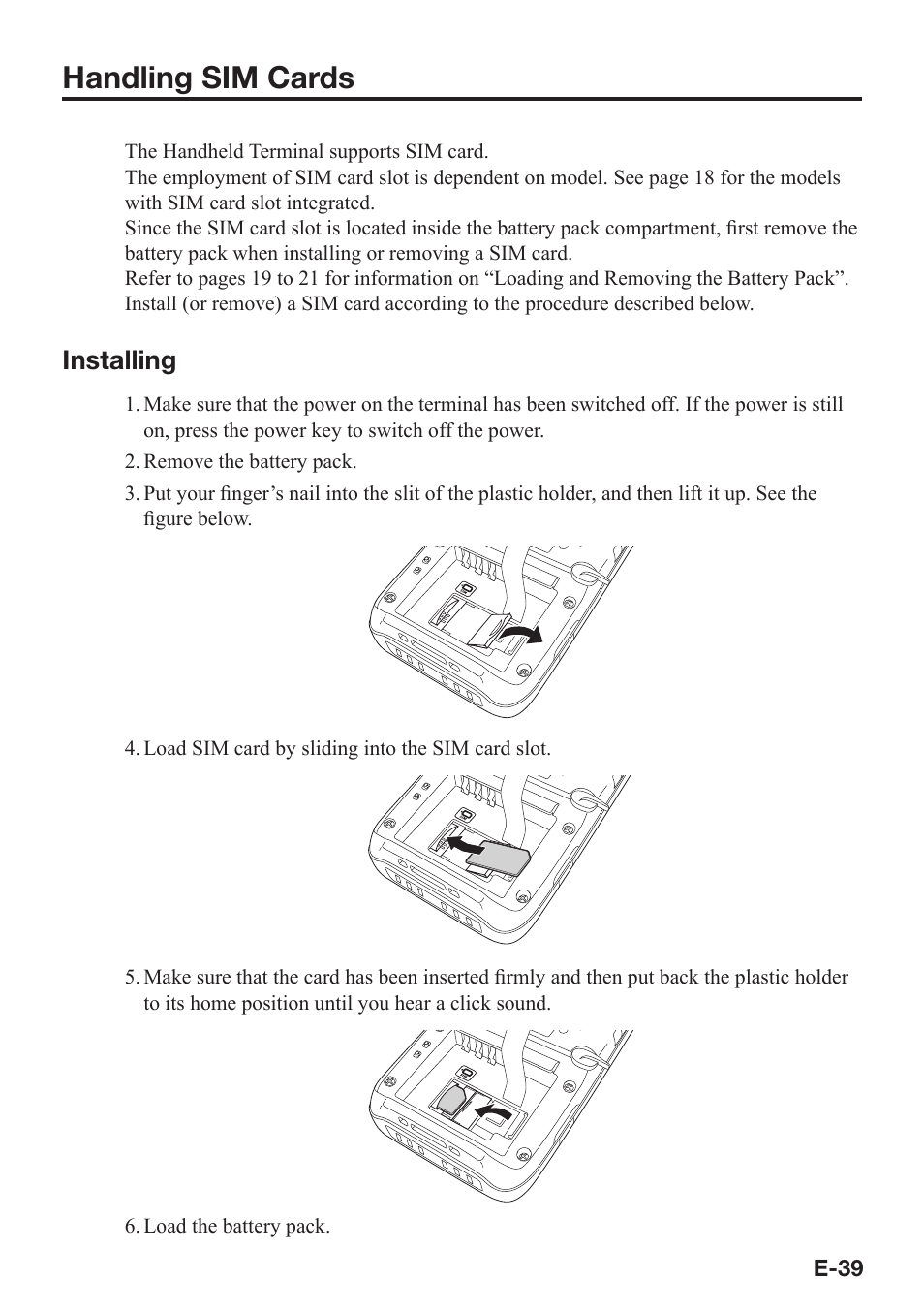 Handling sim cards, Installing | Casio IT-800 User Manual | Page 40 / 73