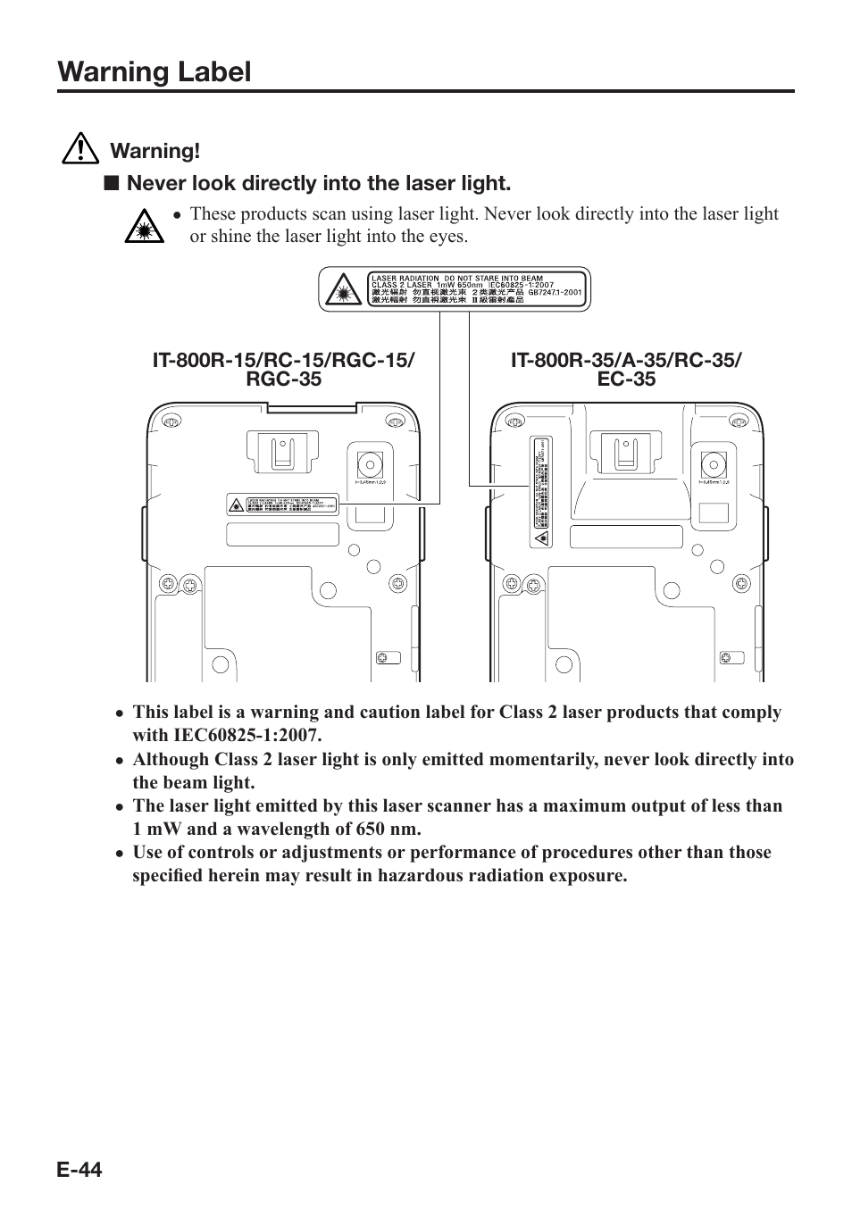 Warning label | Casio IT-800 User Manual | Page 45 / 73