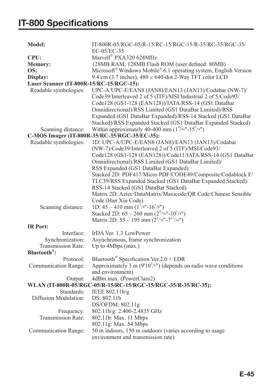 It-800 specifi cations, E-45 | Casio IT-800 User Manual | Page 46 / 73
