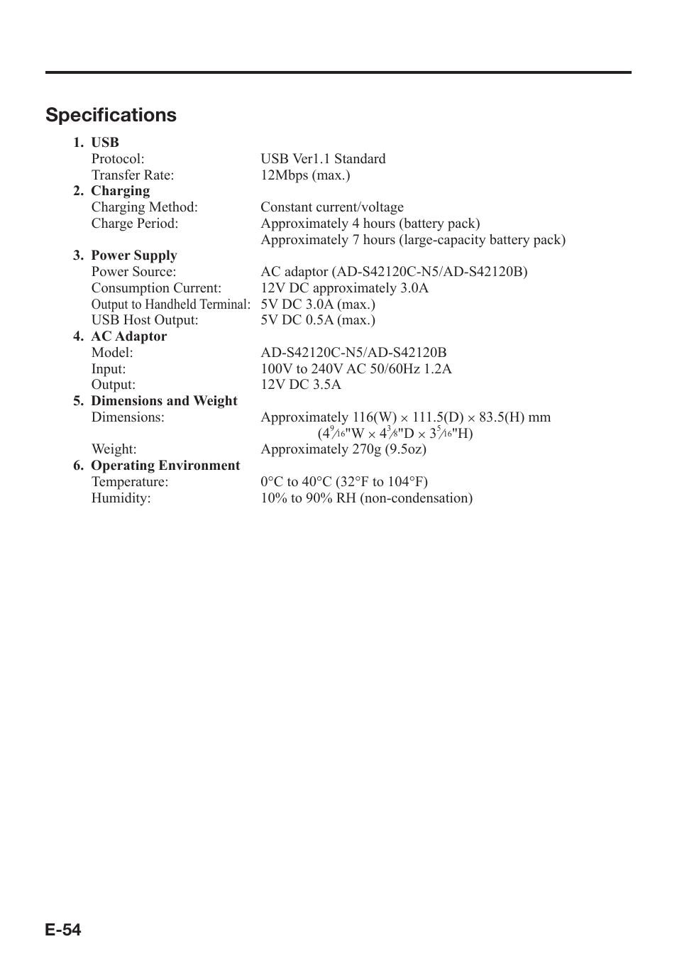 Specifi cations, E-54 | Casio IT-800 User Manual | Page 55 / 73