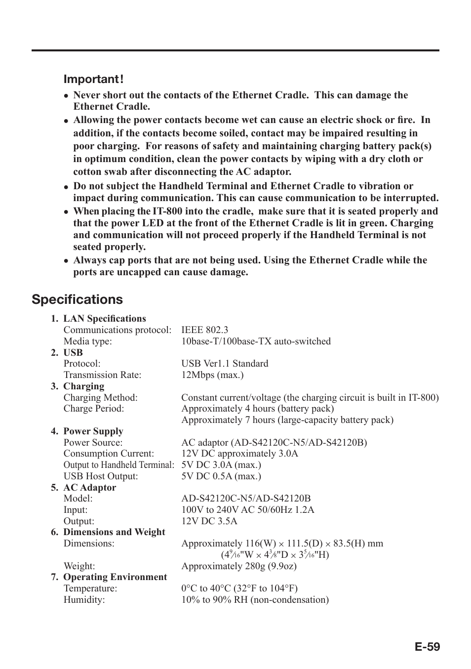 Specifi cations | Casio IT-800 User Manual | Page 60 / 73