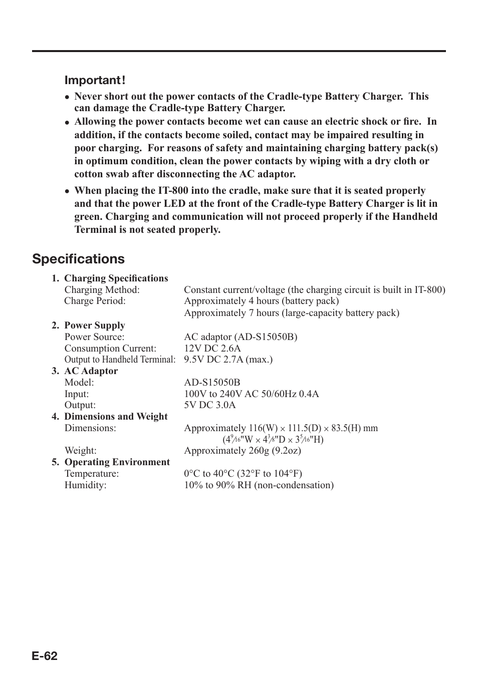 Specifi cations, E-62 important | Casio IT-800 User Manual | Page 63 / 73