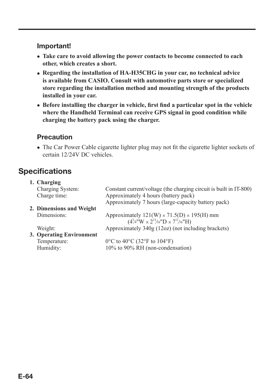 Specifi cations, E-64 important, Precaution | Casio IT-800 User Manual | Page 65 / 73