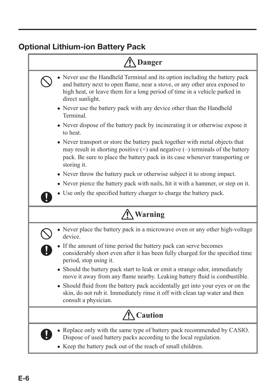 Optional lithium-ion battery pack danger, Warning, Caution | Casio IT-800 User Manual | Page 7 / 73