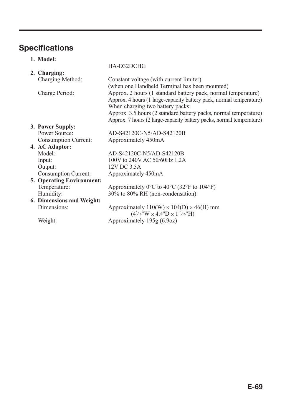 Specifi cations, E-69 | Casio IT-800 User Manual | Page 70 / 73