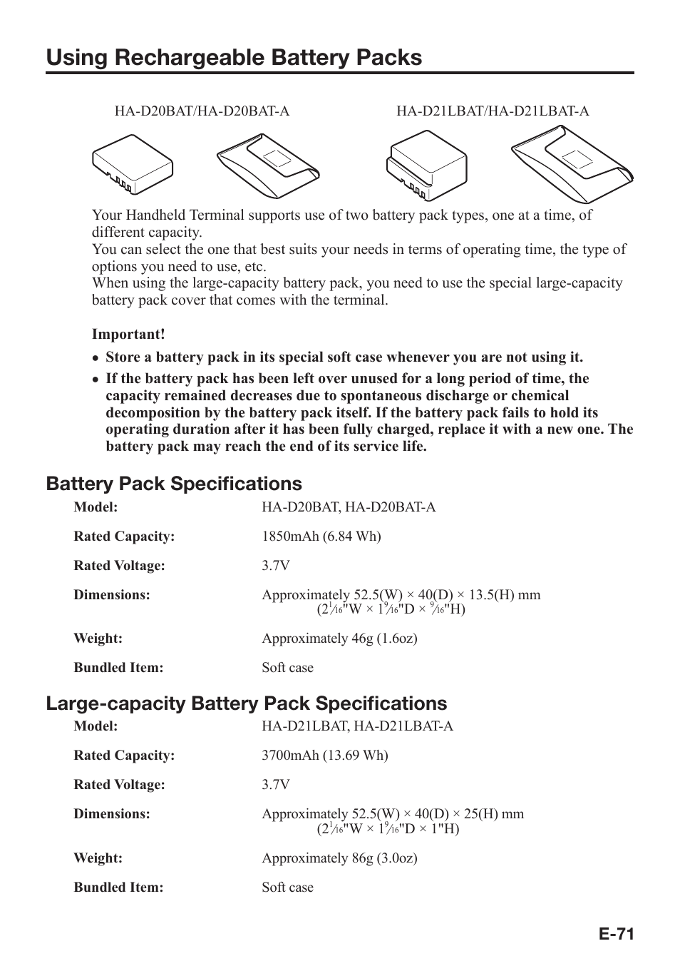 Using rechargeable battery packs, Battery pack specifi cations, Large-capacity battery pack specifi cations | E-71 | Casio IT-800 User Manual | Page 72 / 73