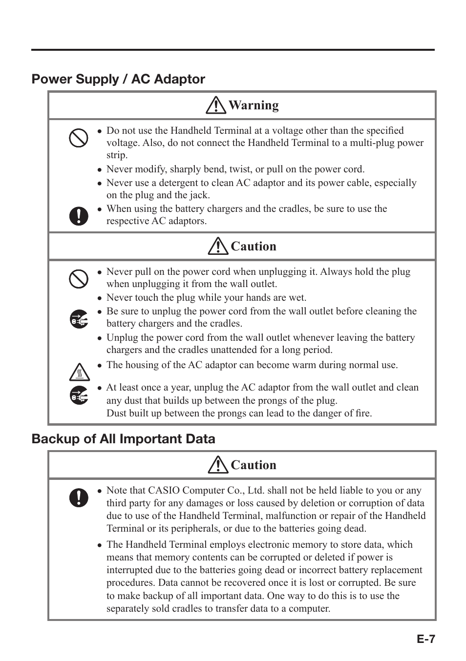 Power supply / ac adaptor warning, Caution, Backup of all important data caution | Casio IT-800 User Manual | Page 8 / 73