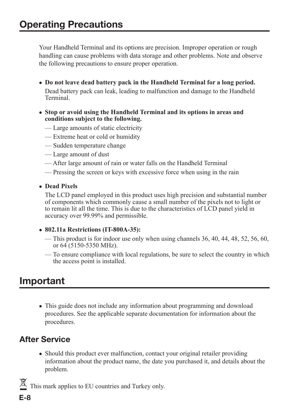 Operating precautions, Important, After service | Casio IT-800 User Manual | Page 9 / 73