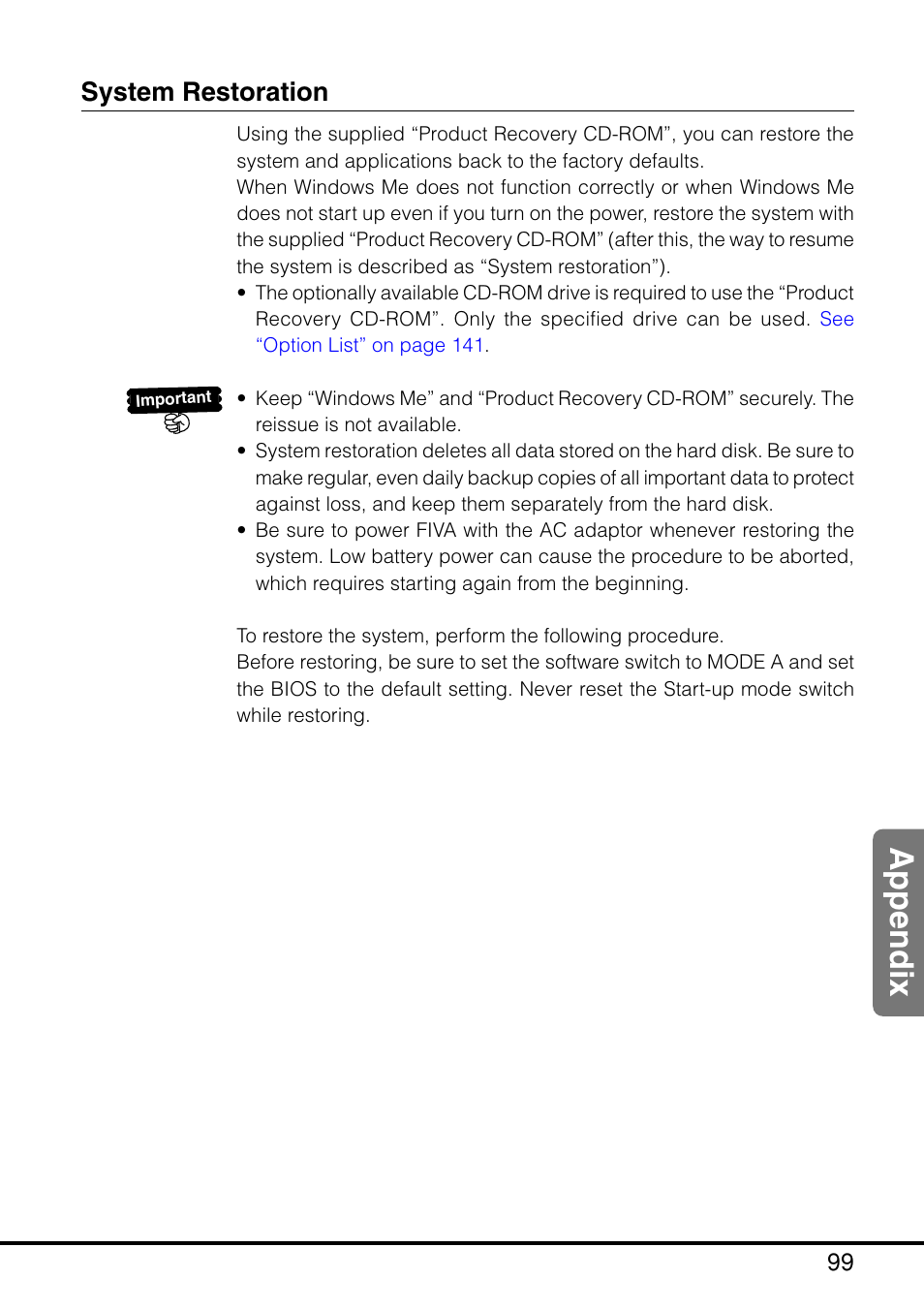 System restoration, Appendix | Casio MPC-205E User Manual | Page 101 / 145