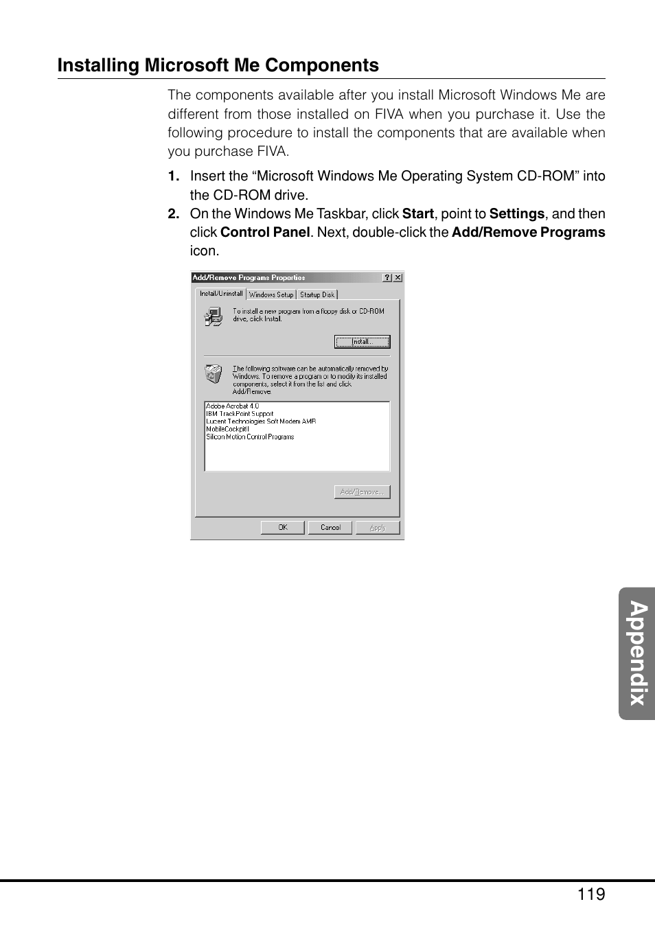 Installing microsoft me components, Appendix | Casio MPC-205E User Manual | Page 121 / 145