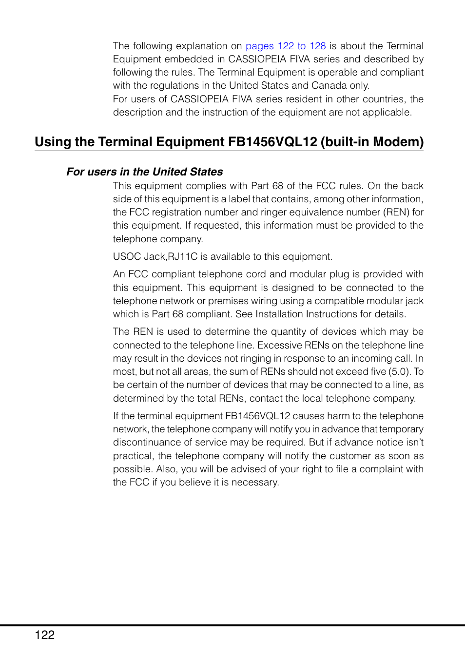 Using the terminal equipment fb1456vql12, For users in the united states | Casio MPC-205E User Manual | Page 124 / 145