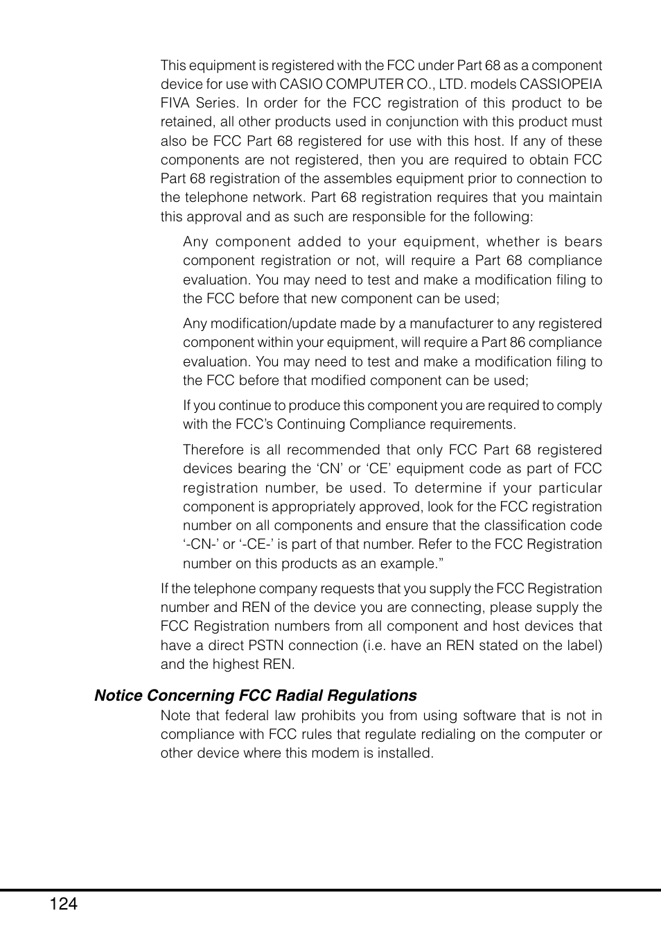 Notice concerning fcc radial regulations | Casio MPC-205E User Manual | Page 126 / 145