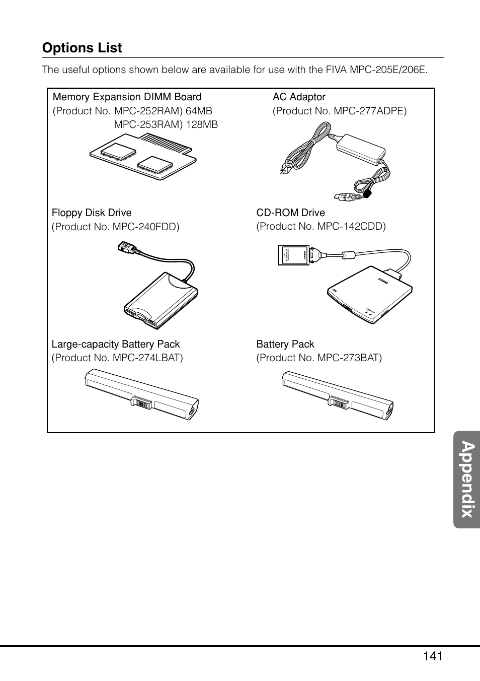 Options list, Comes with fi, Find the batte | Y cd-rom”. only the specified drive can be used, Appendix | Casio MPC-205E User Manual | Page 143 / 145