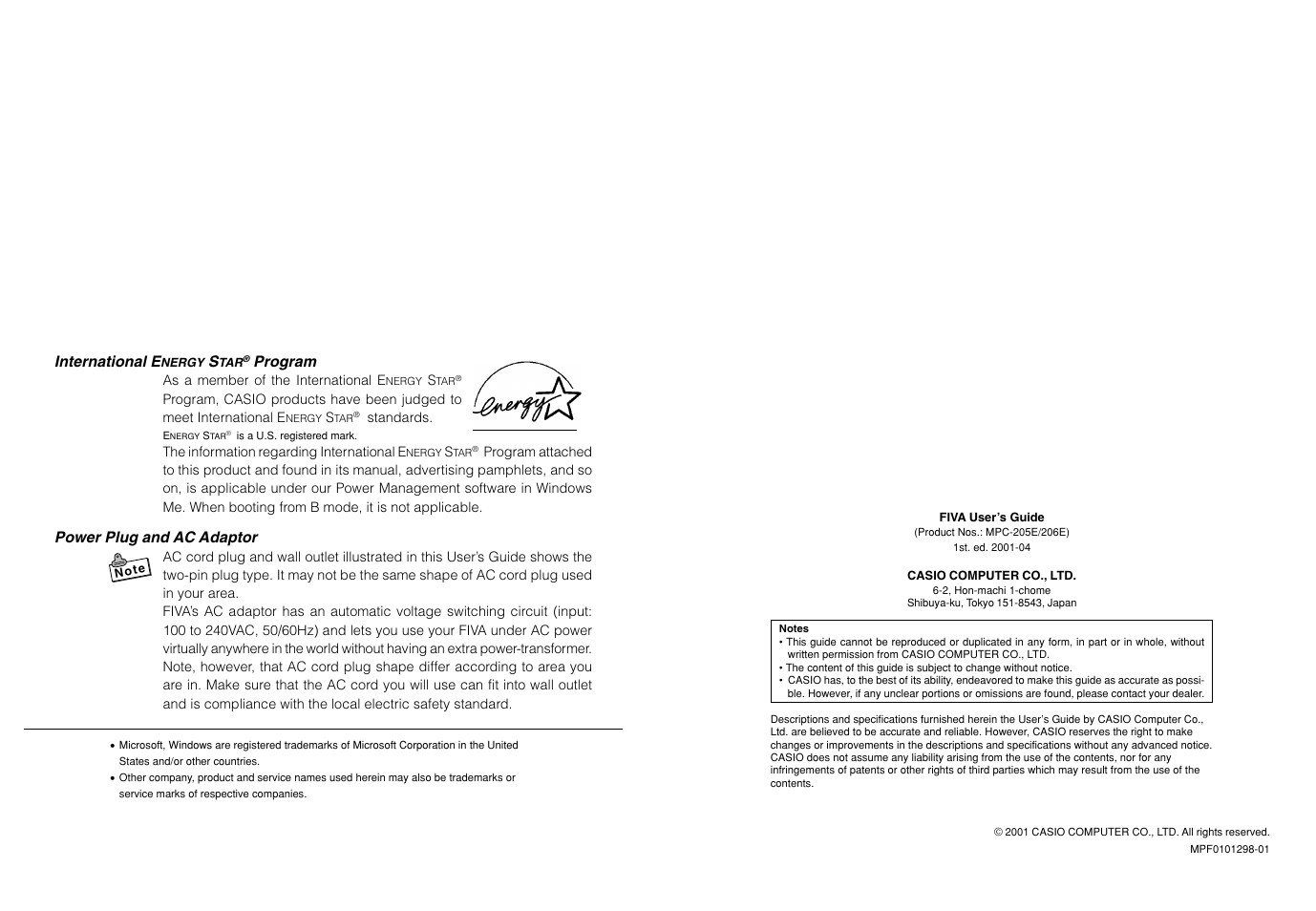 International e, Program, Power plug and ac adaptor | As a member of the international e, Standards, The information regarding international e | Casio MPC-205E User Manual | Page 2 / 145