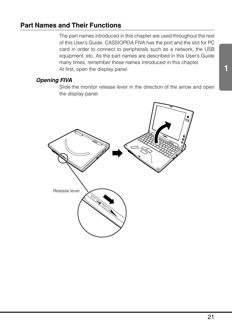 Part names and their functions, Opening fiva, Release lever | Casio MPC-205E User Manual | Page 23 / 145