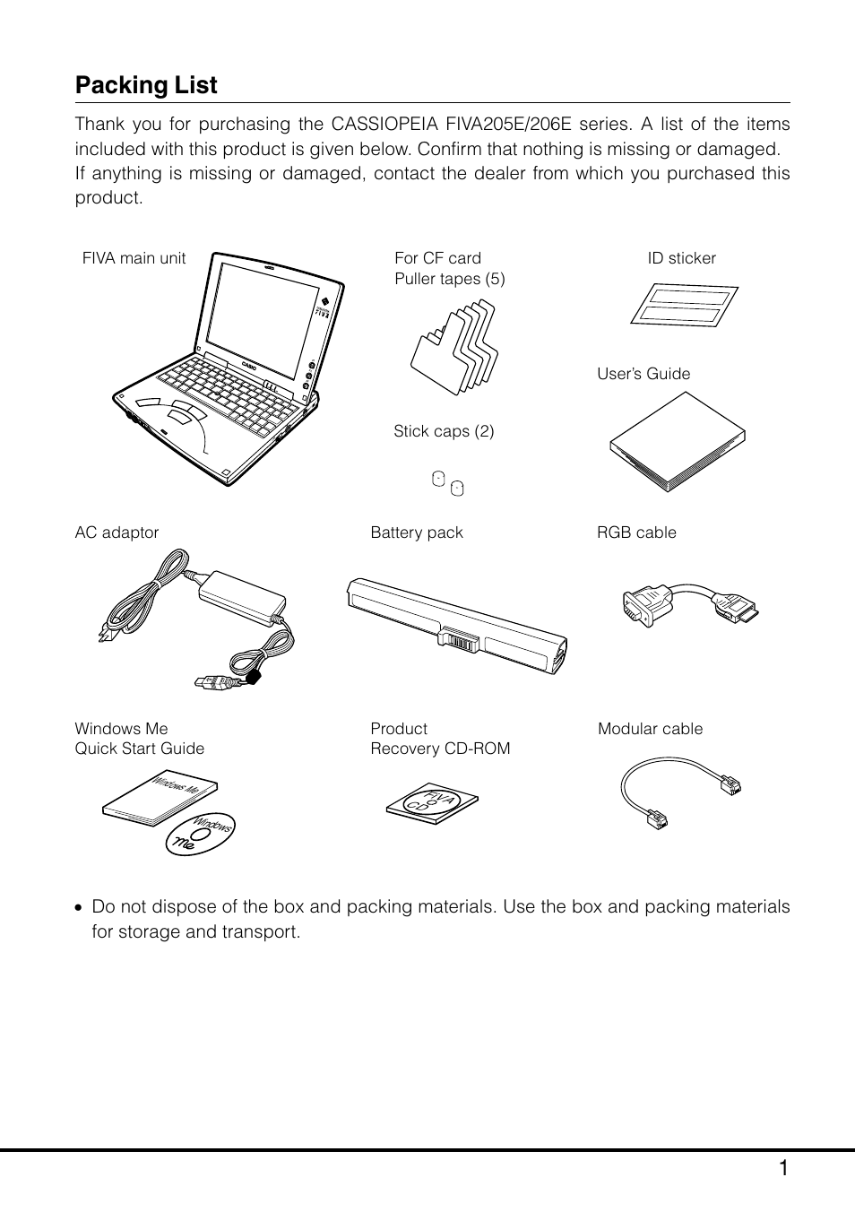 Packing list, For cf card puller tapes (5) | Casio MPC-205E User Manual | Page 3 / 145