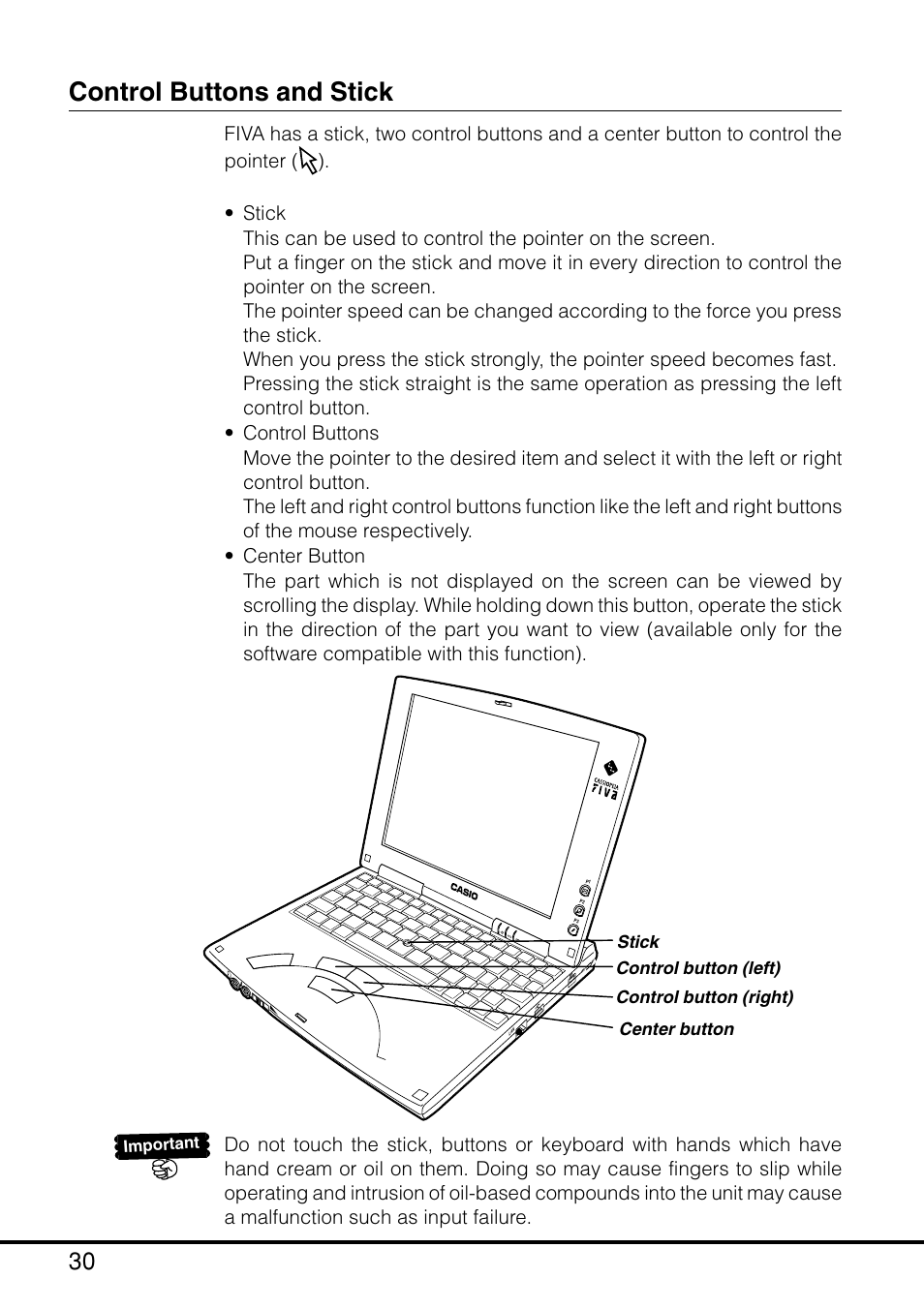 Control buttons and stick, Important | Casio MPC-205E User Manual | Page 32 / 145