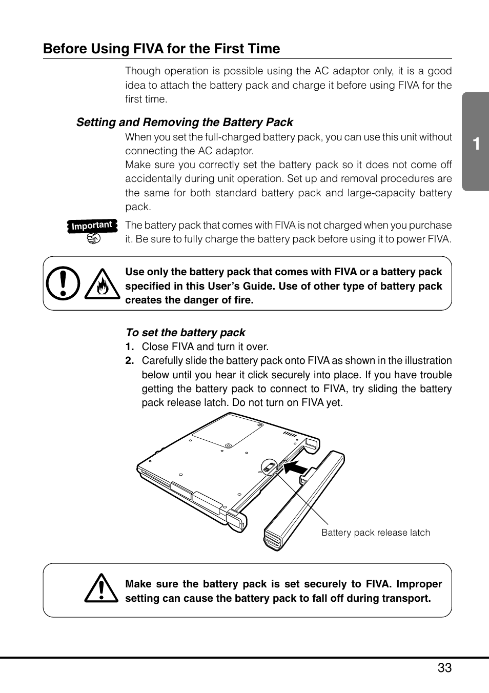 Before using fiva for the first time, Setting and removing the battery pack | Casio MPC-205E User Manual | Page 35 / 145