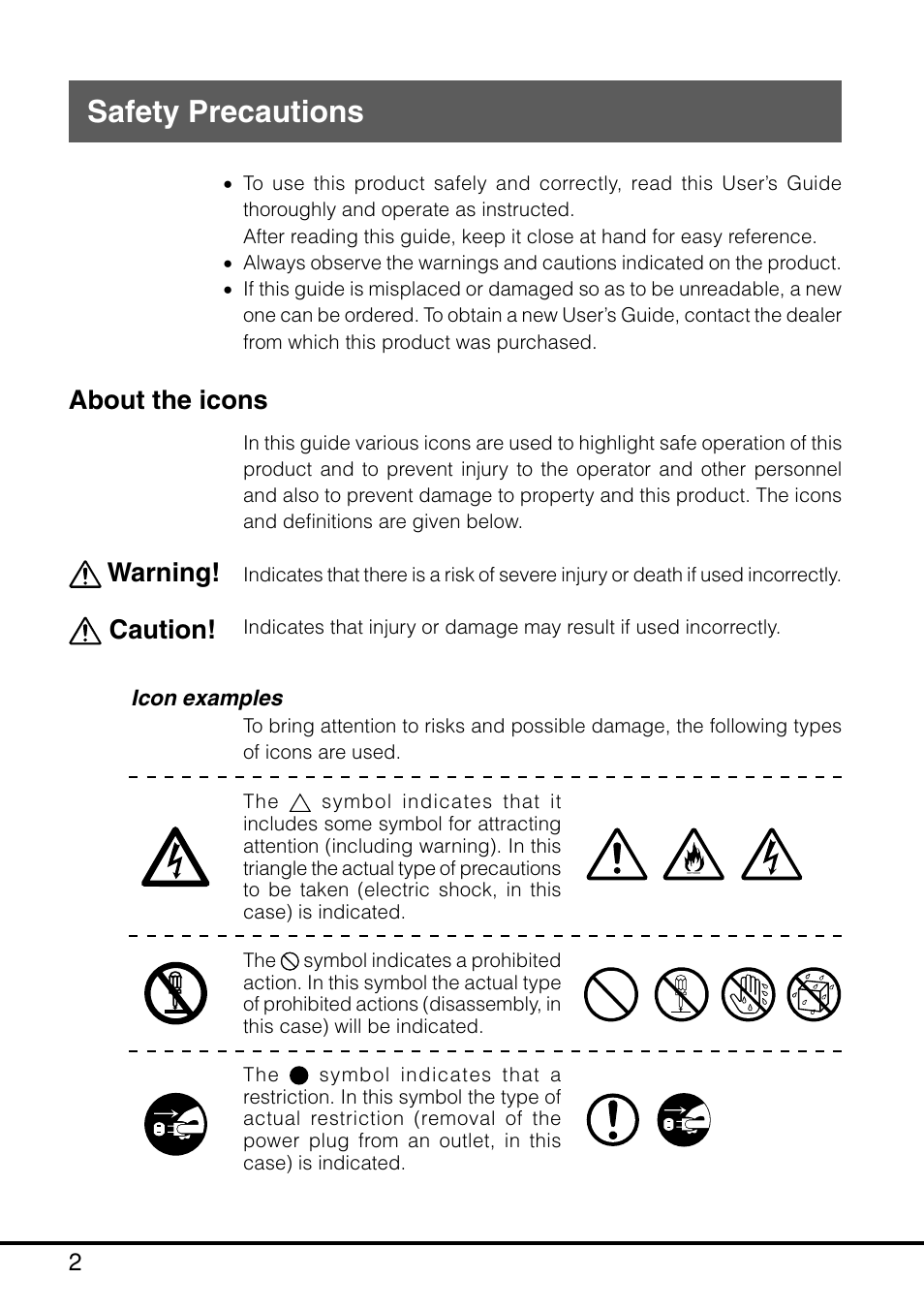 Safety precautions, Warning, About the icons | Caution | Casio MPC-205E User Manual | Page 4 / 145
