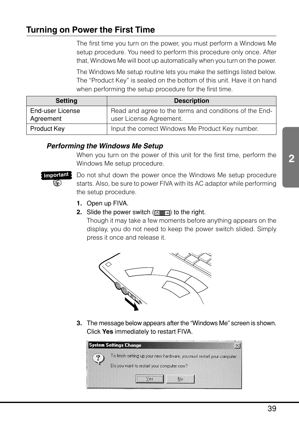 Turning on power the first time, Performing the windows me setup | Casio MPC-205E User Manual | Page 41 / 145
