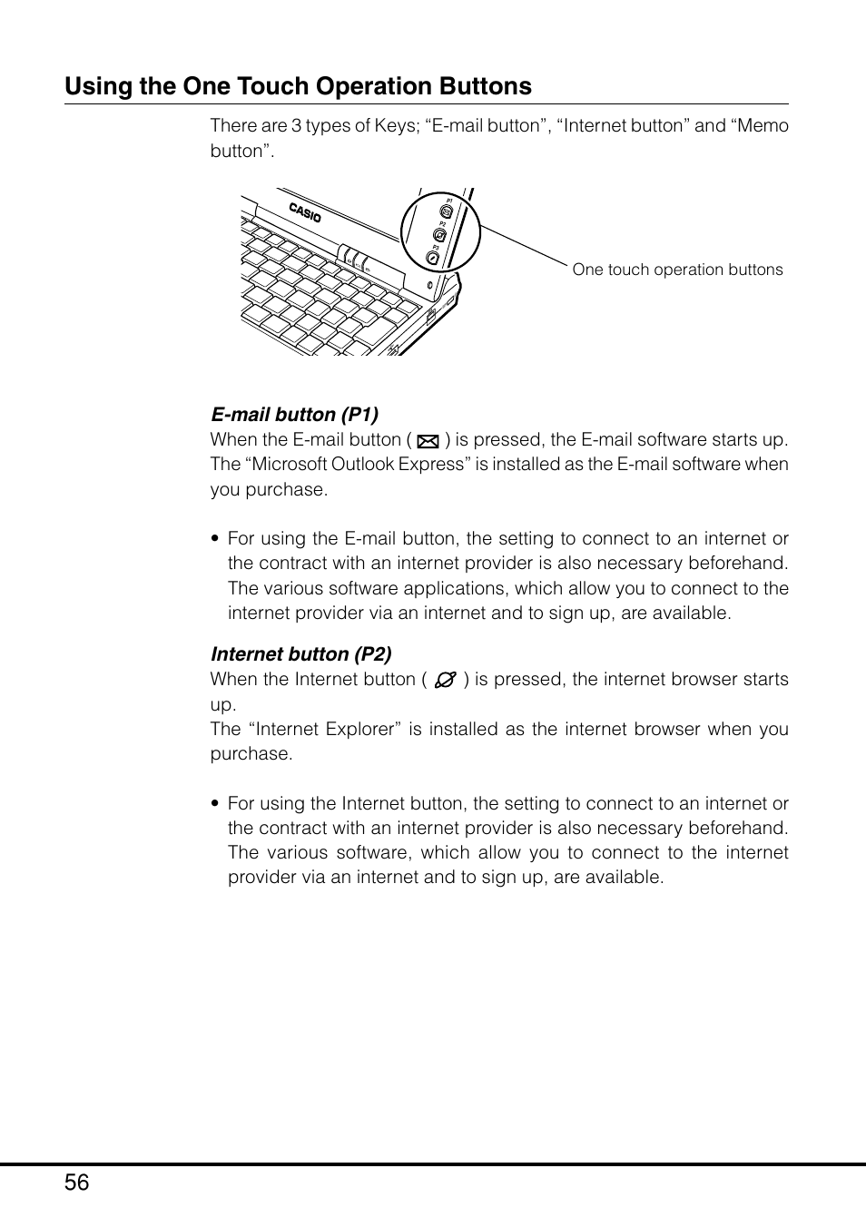 Using the one touch operation buttons, E-mail button (p1), Internet button (p2) | One touch operation buttons | Casio MPC-205E User Manual | Page 58 / 145