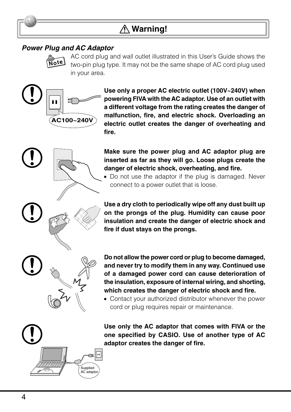 Warning | Casio MPC-205E User Manual | Page 6 / 145