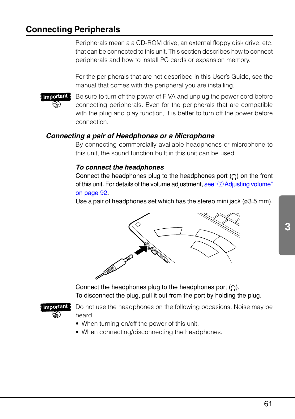 Connecting peripherals, Connecting a pair of headphones or a microphone | Casio MPC-205E User Manual | Page 63 / 145