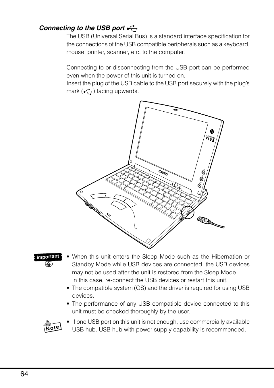 Connecting to the usb port, N o t e, Important | Casio MPC-205E User Manual | Page 66 / 145