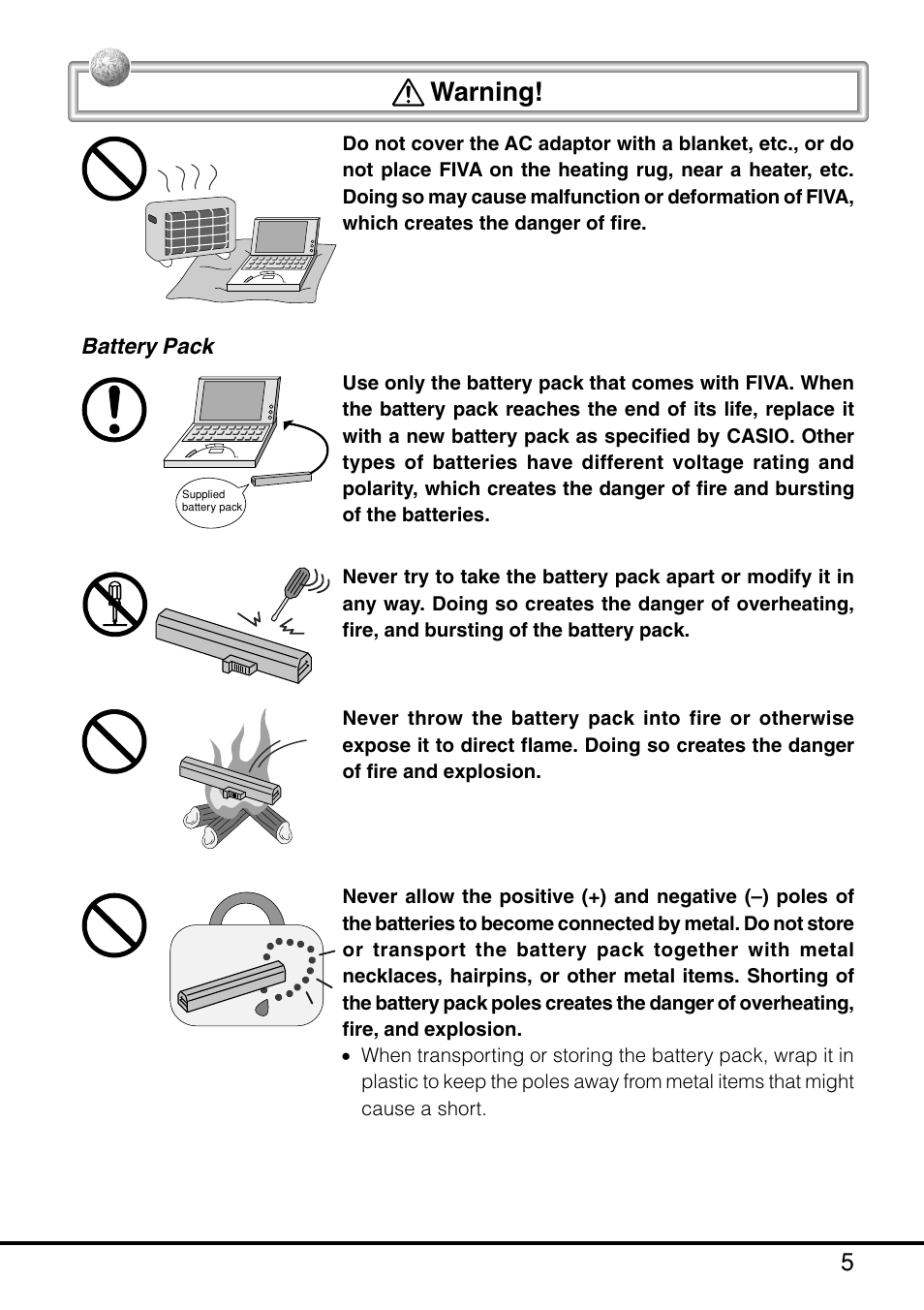 Warning | Casio MPC-205E User Manual | Page 7 / 145