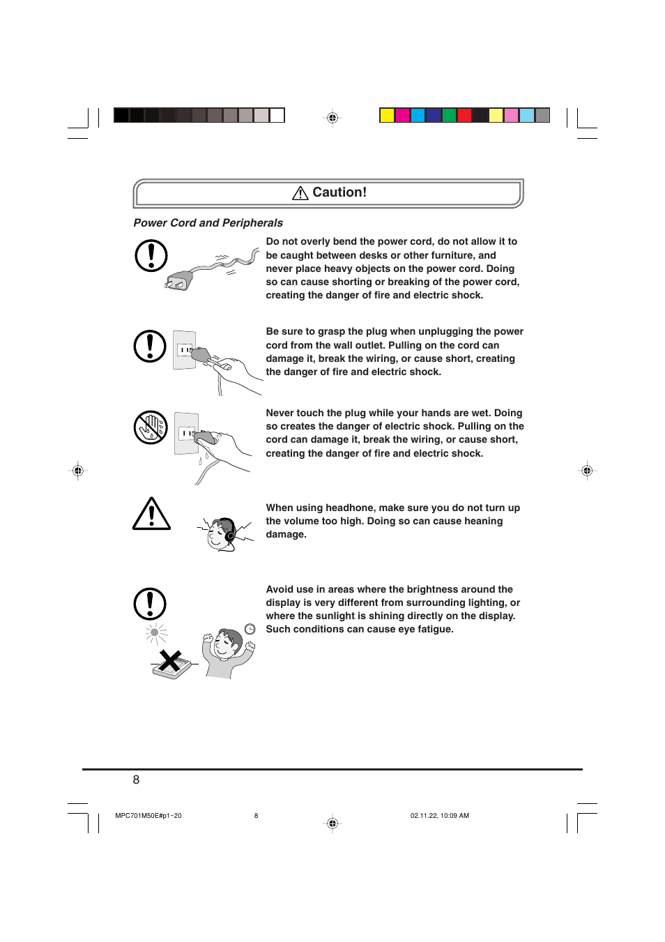 Caution, Power cord and peripherals | Casio MPC-701 User Manual | Page 10 / 160