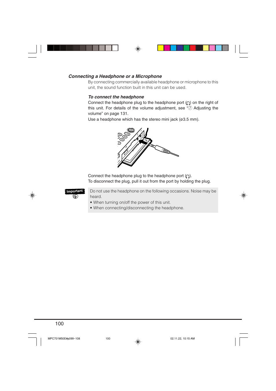 Connecting a headphone or a microphone | Casio MPC-701 User Manual | Page 102 / 160