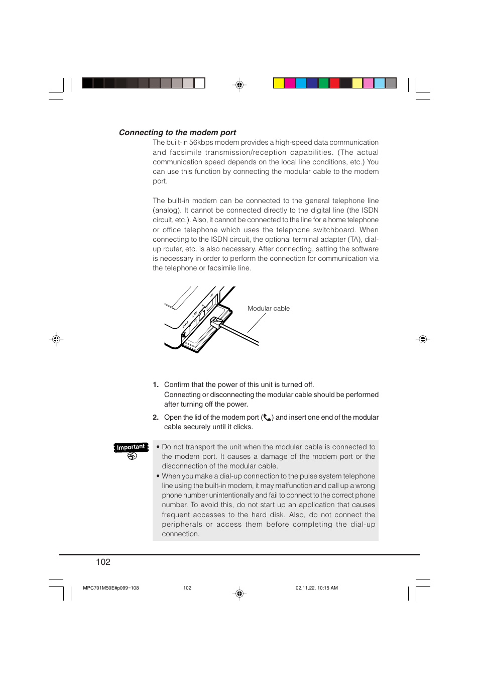 Connecting to the modem port | Casio MPC-701 User Manual | Page 104 / 160