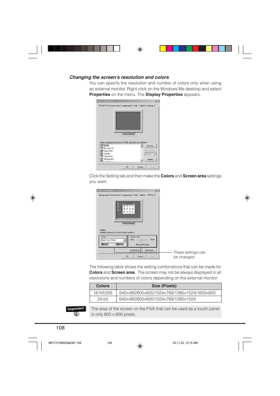 Changing the screen's resolution and colors | Casio MPC-701 User Manual | Page 110 / 160