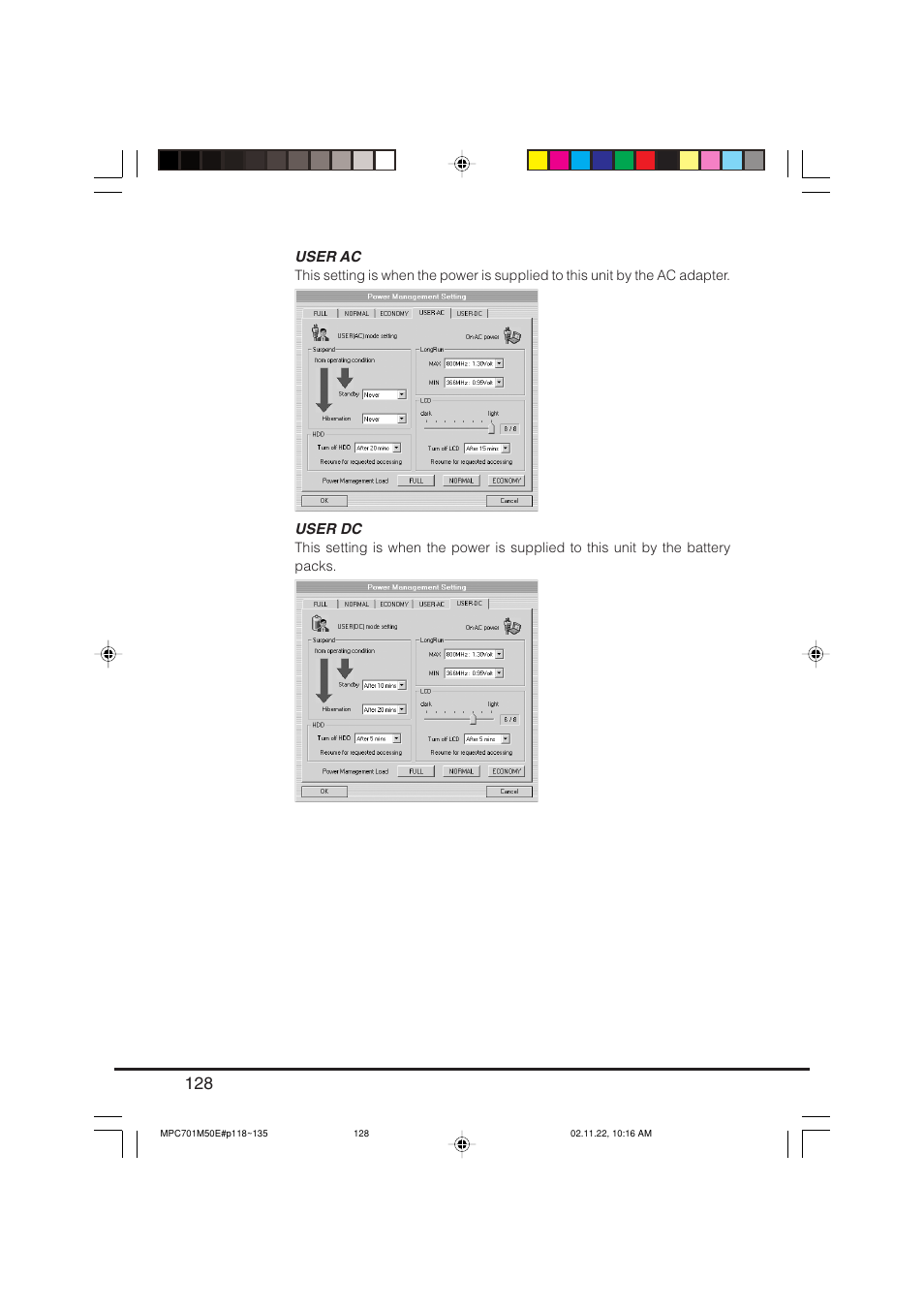 User ac, User dc | Casio MPC-701 User Manual | Page 130 / 160