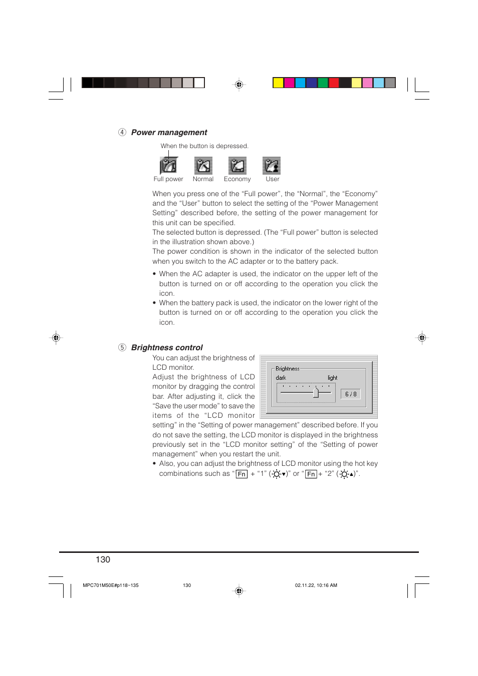 Power management, Brightness control | Casio MPC-701 User Manual | Page 132 / 160