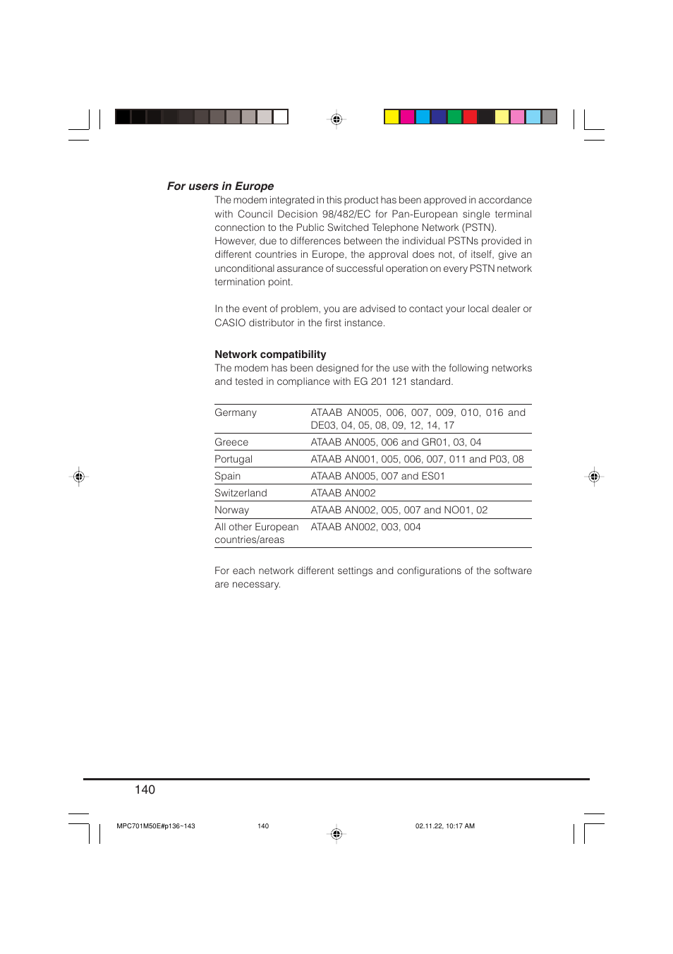 For users in europe | Casio MPC-701 User Manual | Page 142 / 160