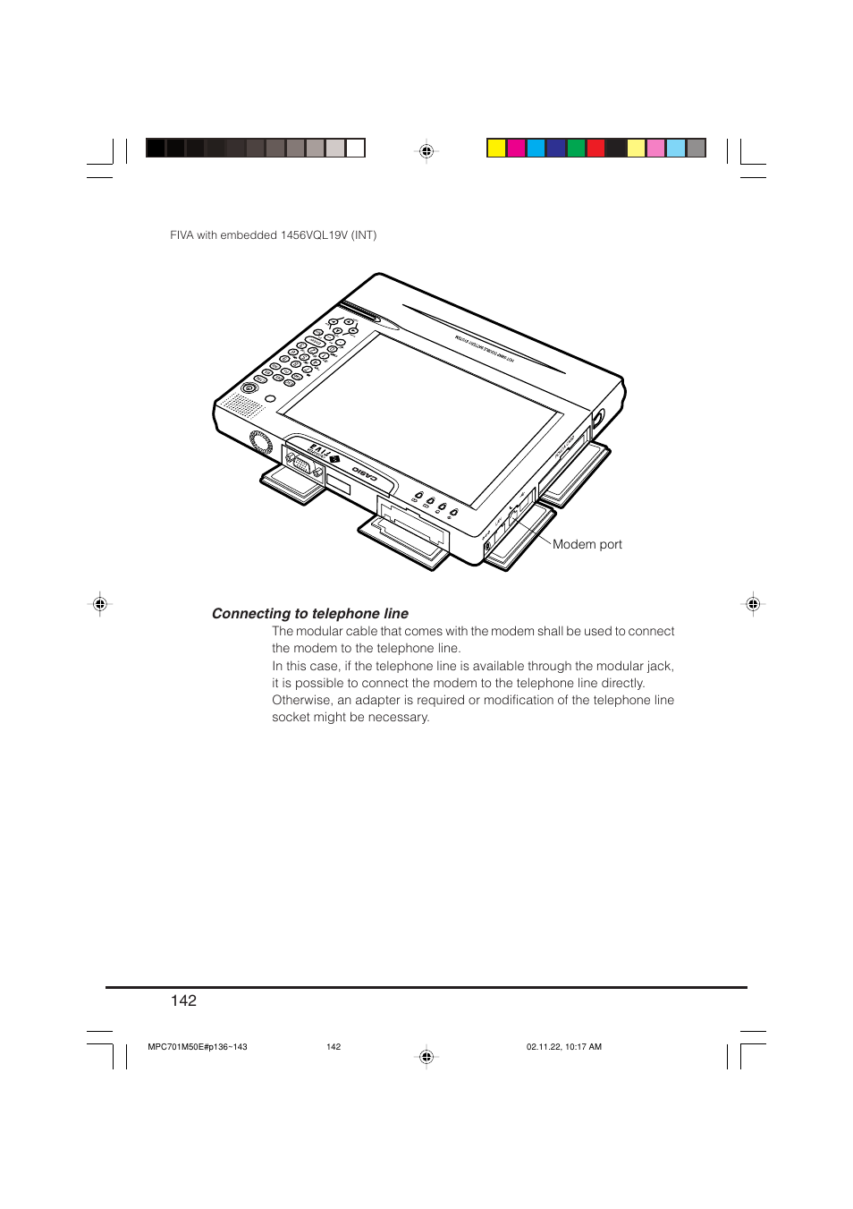 Connecting to telephone line | Casio MPC-701 User Manual | Page 144 / 160