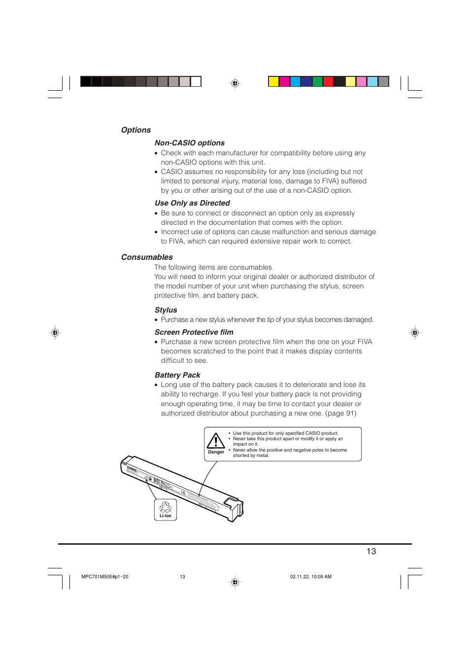 Options, Consumables, Non-casio options | Use only as directed, Stylus, Screen protective film, Battery pack, Li-ion | Casio MPC-701 User Manual | Page 15 / 160