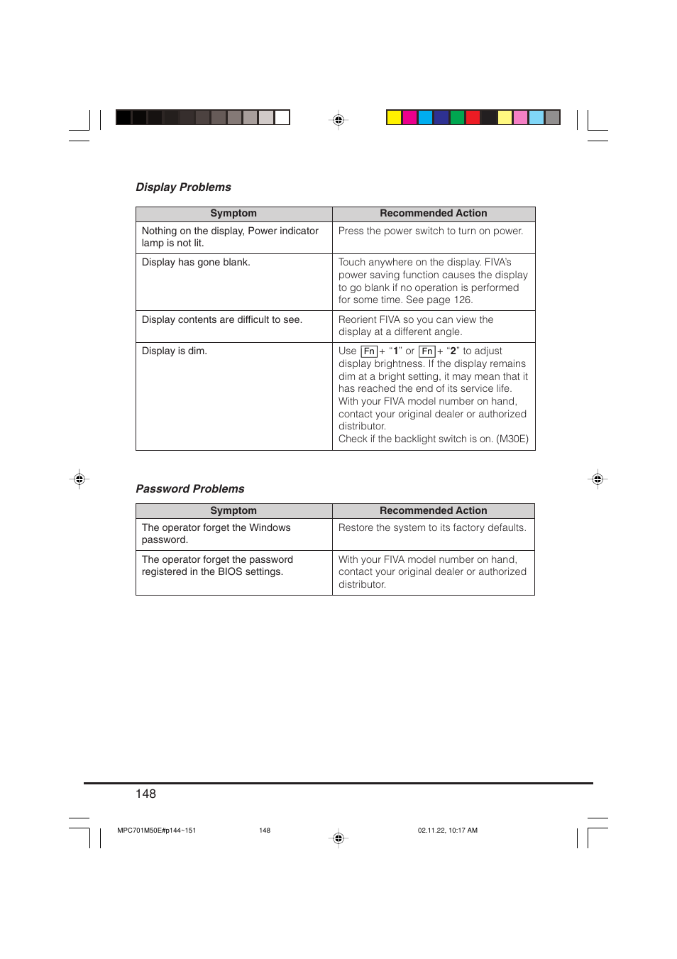 Display problems password problems | Casio MPC-701 User Manual | Page 150 / 160