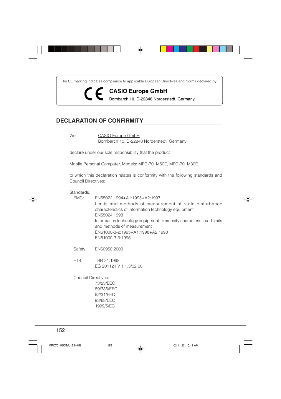 Declaration of confirmity, Casio europe gmbh | Casio MPC-701 User Manual | Page 154 / 160