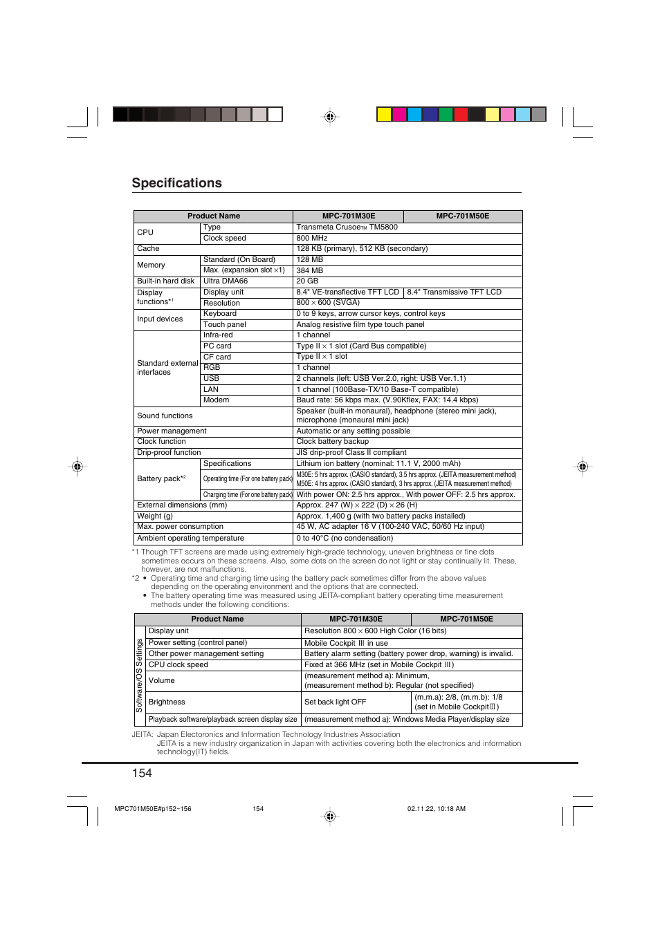 Specifications | Casio MPC-701 User Manual | Page 156 / 160