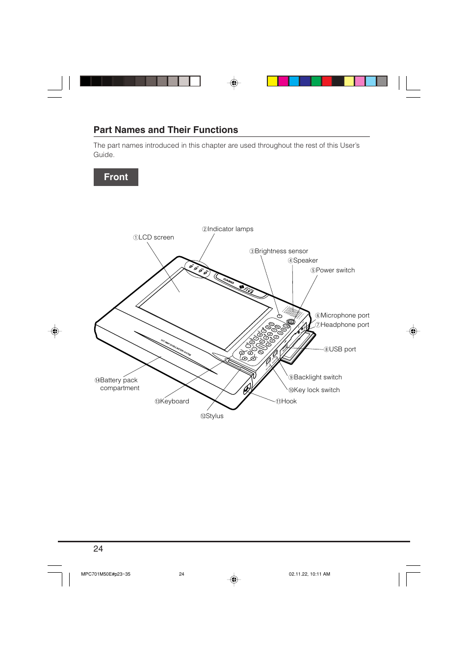 Part names and their functions, Front part names and their functions | Casio MPC-701 User Manual | Page 26 / 160