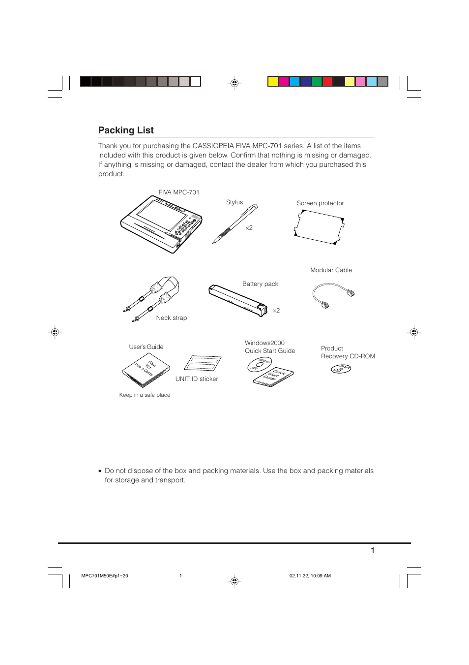 Packing list | Casio MPC-701 User Manual | Page 3 / 160