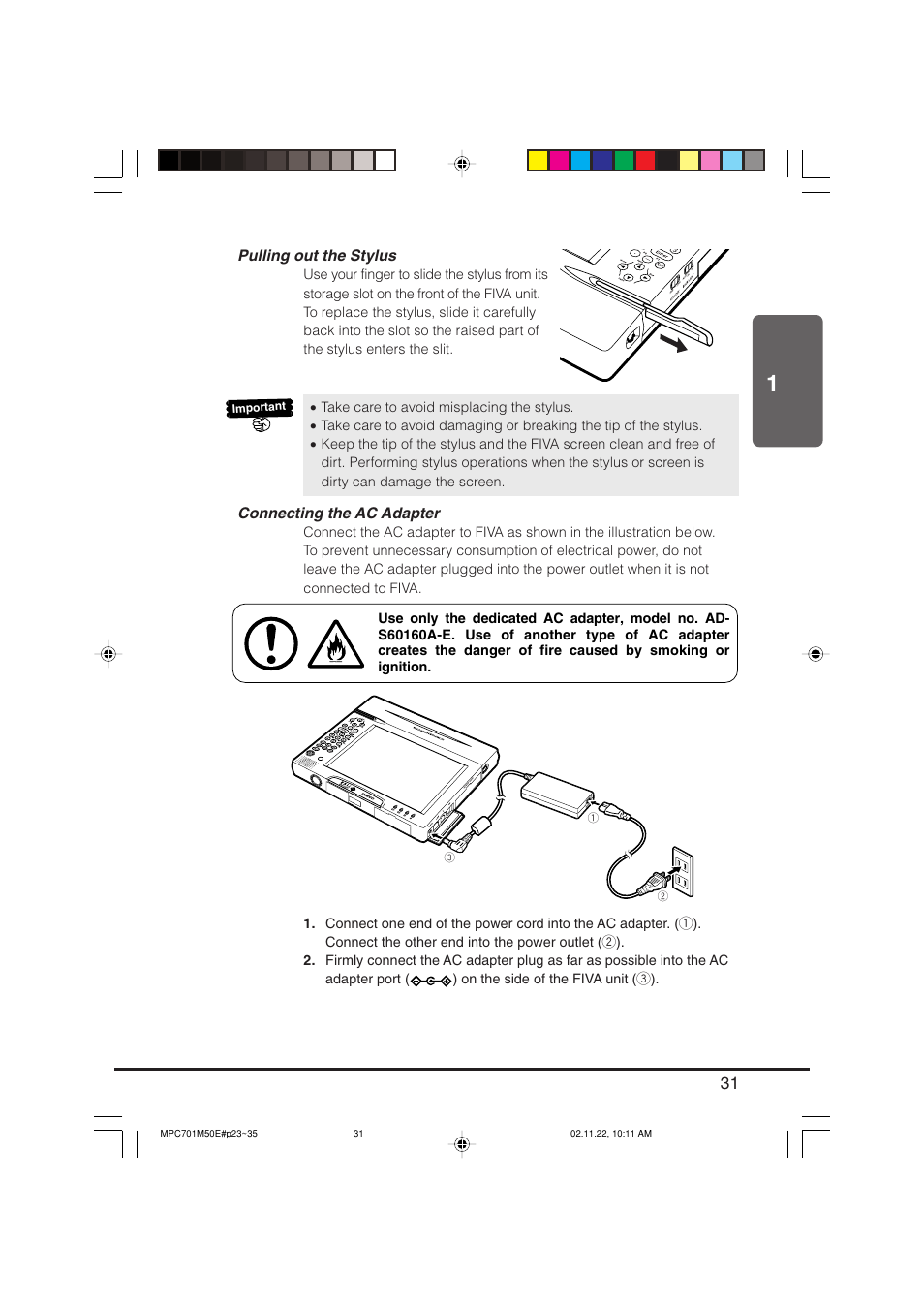 Pulling out the stylus, Connecting the ac adapter | Casio MPC-701 User Manual | Page 33 / 160