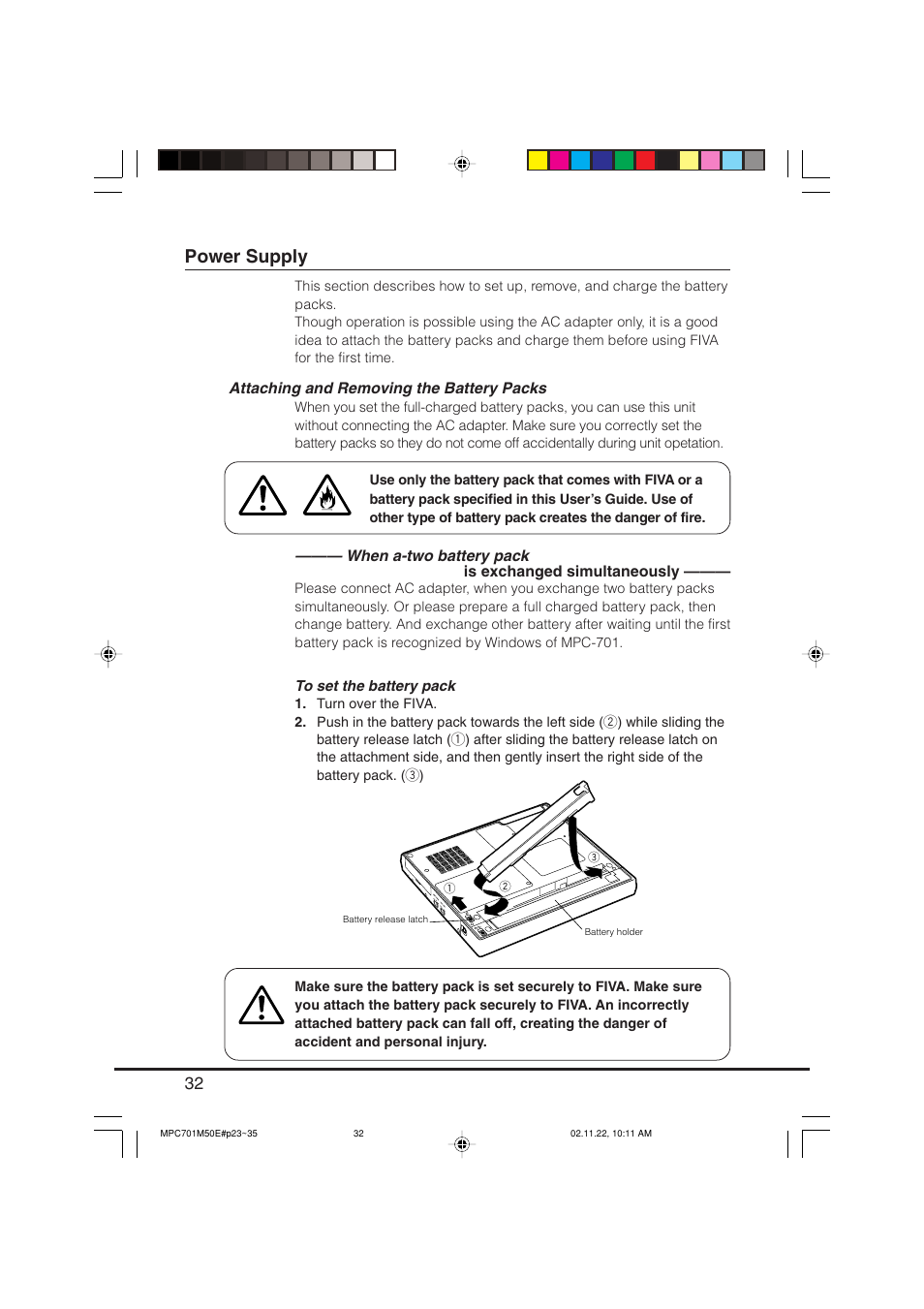 Power supply, Attaching and removing the battery packs, When a-two battery pack | Casio MPC-701 User Manual | Page 34 / 160