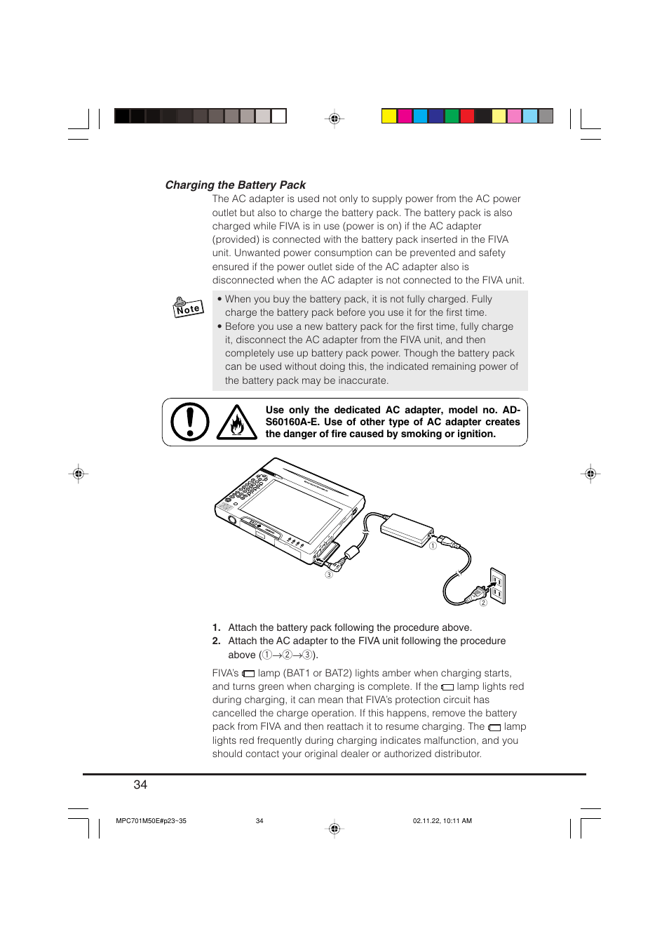 Charging the battery pack | Casio MPC-701 User Manual | Page 36 / 160