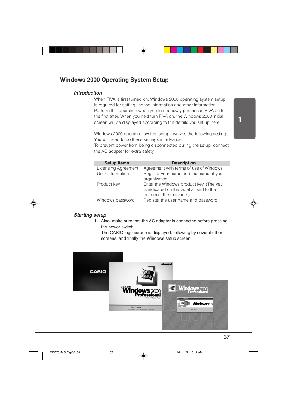 Windows 2000 operating system setup | Casio MPC-701 User Manual | Page 39 / 160