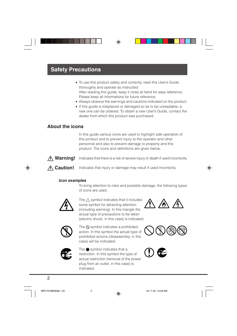 Safety precautions, About the icons, Warning! caution | Casio MPC-701 User Manual | Page 4 / 160