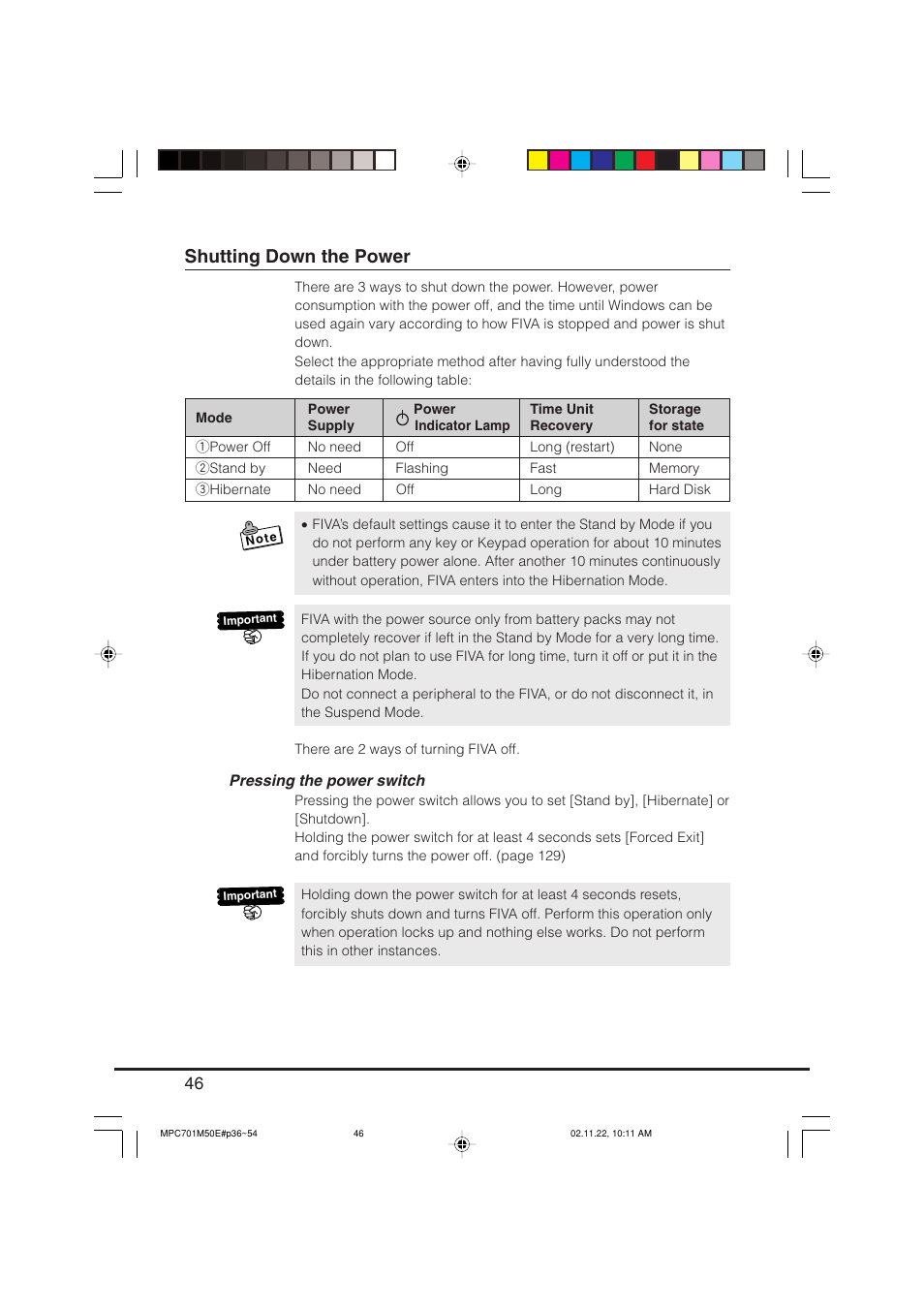 Shutting down the power | Casio MPC-701 User Manual | Page 48 / 160